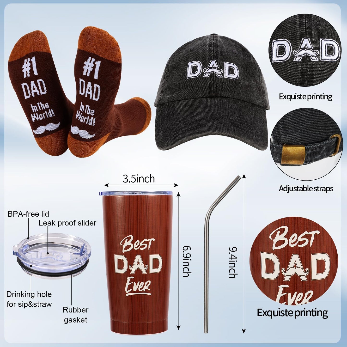 Kolewo4ever 9 Pieces Dad Gift Set Best Dad Gifts for Father, Men with Tumbler Mens Socks Mens Baseball Cap Key Chain Card for Men Father Papa Gifts from Son Daughter Kids (Brown)
