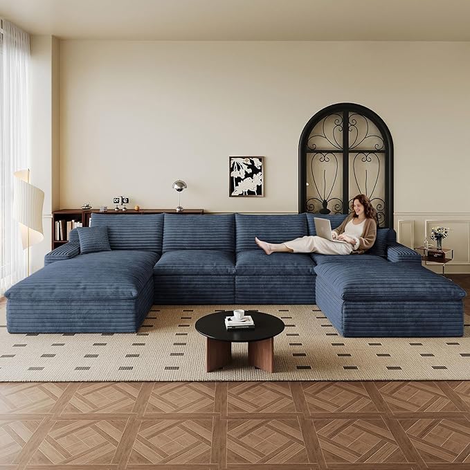 136" Cloud Sectional Couch U-Shaped Chaise with Ottoman, Corduroy Boneless Couch for Living Room Bedroom, Deep-Seat Upholstered Modular Cloud Sofa, No Assembly Required (Blue, Left Facing Chaise)