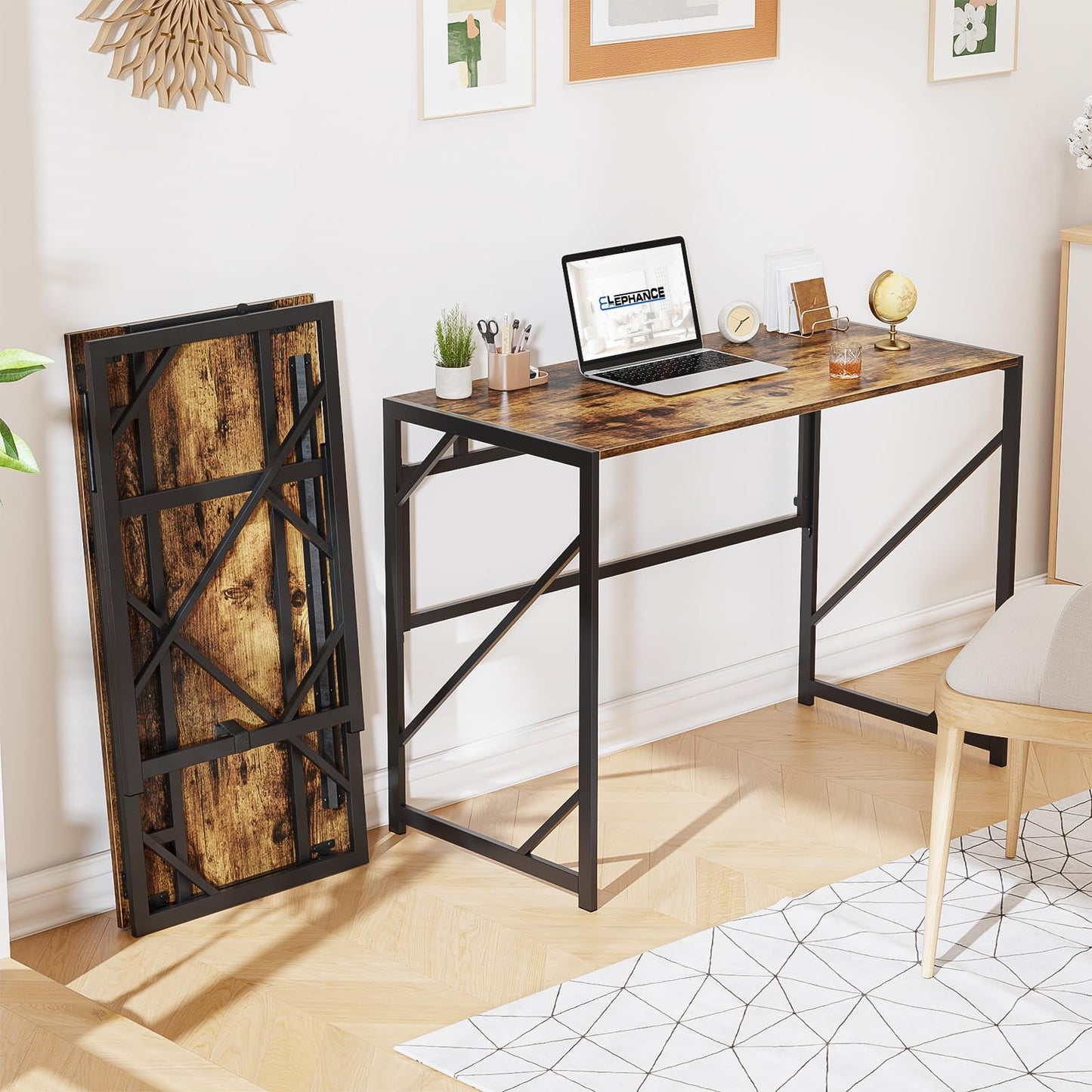 Elephance Folding Desk Writing Computer Desk for Home Office, No-Assembly Study Office Desk Foldable Table for Small Spaces