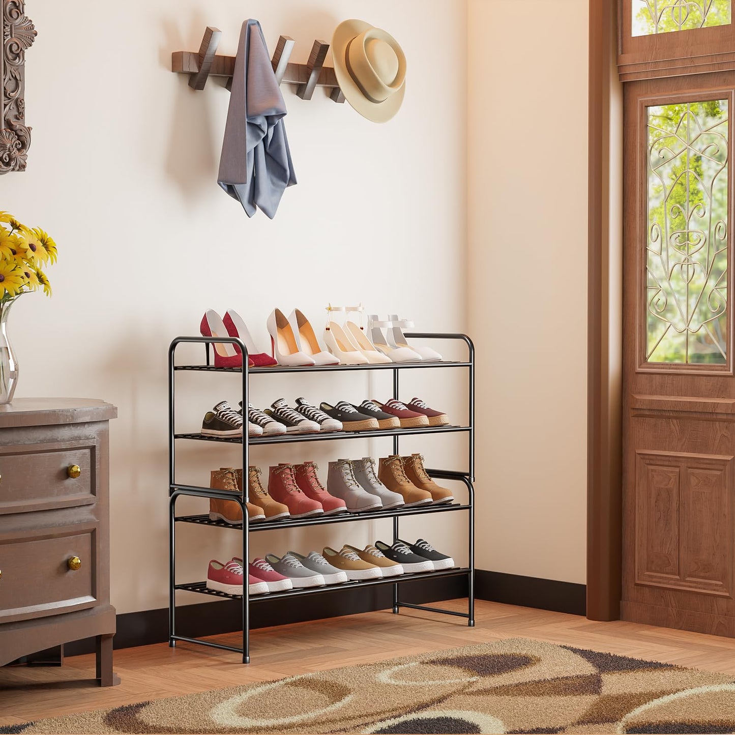 SUFAUY 2-Tier 33" Wide Shoe Rack, Closet Metal Shoe Rack Organizer Heavy Duty, Stackable, Black