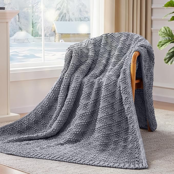Knitted Weighted Blanket for Adult, Chunky Knit Weighted Throw for Sleep 60"*80" 18lbs, Cooling Breathable Machine Washable Heavy Blanket for Room Decor (Light Grey, Queen)