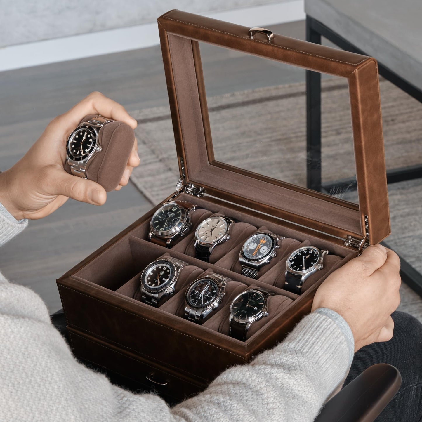 TAWBURY 8 Slot Watch Box with Storage Drawer – Premium Watch Storage Case for Men | 2.2-inch Wide Pillows Hold Small & Ovesized Watches (Brown)