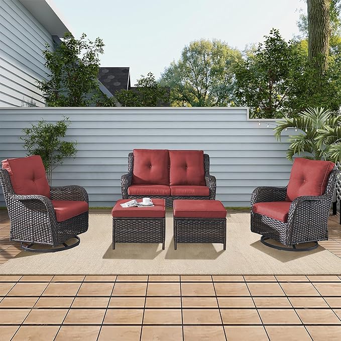 Rilyson Wicker Patio Furniture Set - 5 Piece Rattan Outdoor Sectional Conversation Sets with 2 Rocking Swivel Chairs,2 Ottomans and 1 Loveseat for Porch Deck Garden(Brown/Red)