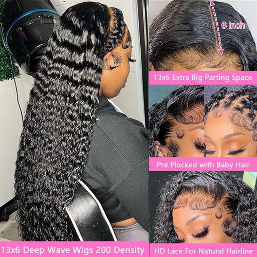 20 Inch Deep Wave Lace Front Wigs Human Hair Pre Plucked 13x6 HD Lace Front Curly Wigs Human Hair 200% Density Glueless Frontal Wigs Human Hair with Baby Hair Curly Wigs for Women Natural Black