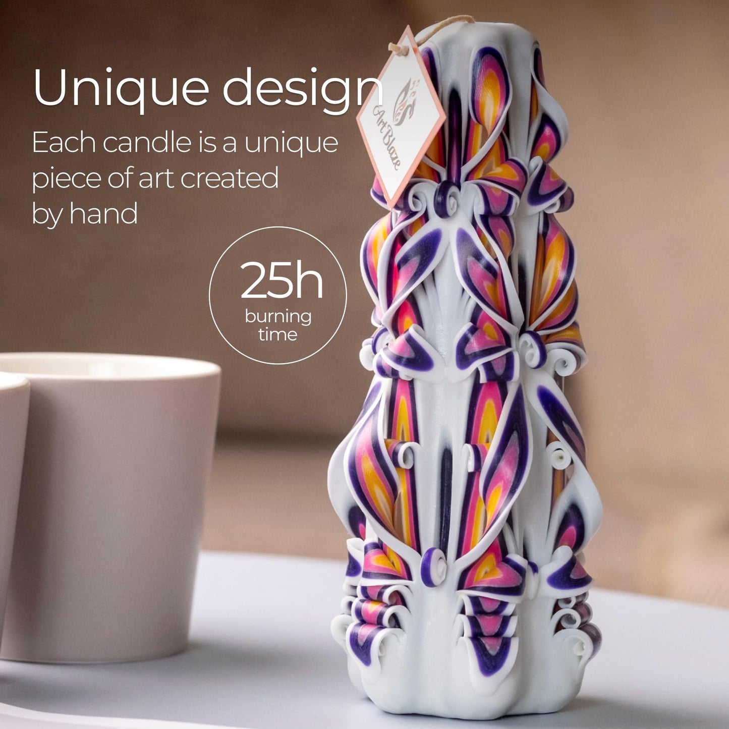Carved Candles - Handmade Long Burning Decorative Luxury Candles - Unscented - for Home Decor, Birthdays, Anniversaries, Romantic Occasions, Gifts for Women, Mother's Day Gift for Mom - Big White