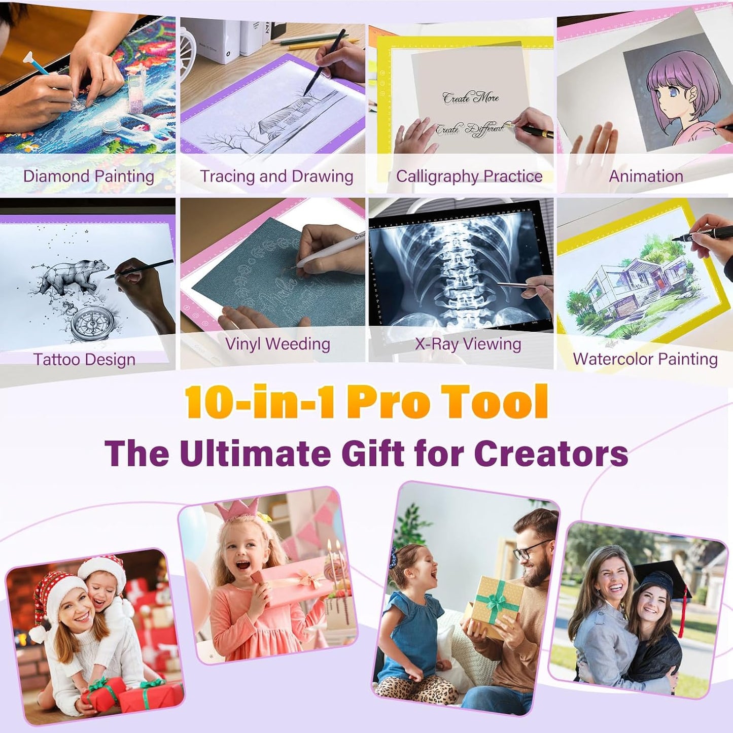 ZEXALIGHT A4 Light Box for Tracing, Light Pad for Diamond Painting with 8 Levels/Stepless Dimming Brightness and 3 Color Modes, Ultra-Thin Copy Board Light Table for Artists Tracing Drawing (Purple)