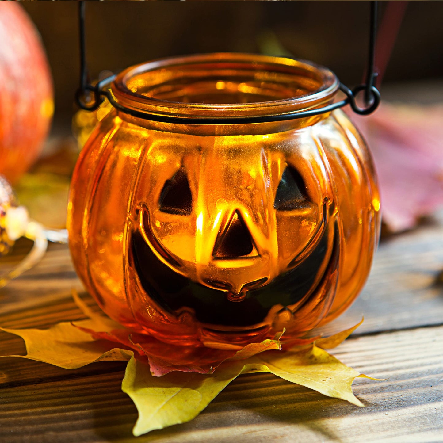 Halloween Candle Holders Set of 4, SHMILMH Tealight Votive Candle Holders with Grimace, Metal Hanging Pumpkin Lantern Decorative Halloween Table Centerpiece Orange