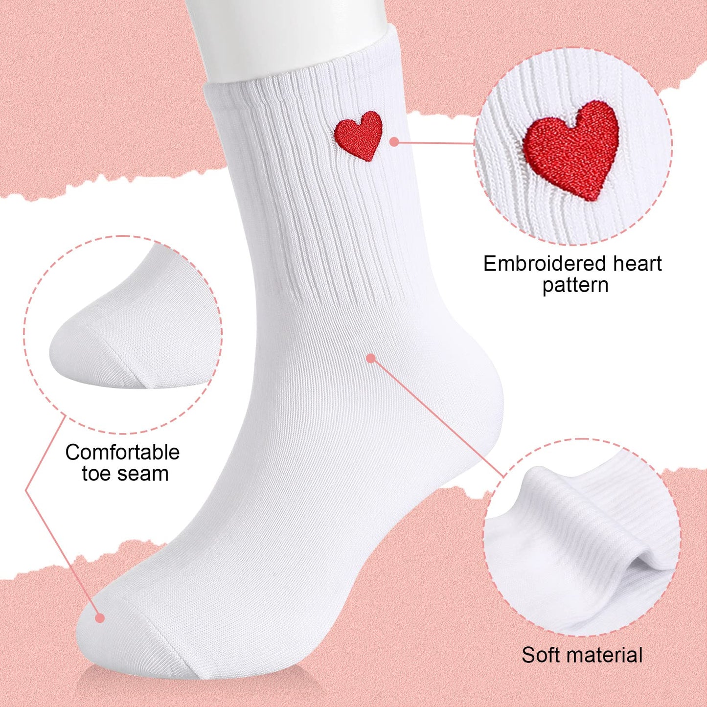 Umigy 6 Pair Women's Crew Socks Heart Shape Ankle High Cotton Fun Cute Athletic Running Socks for Women, Valentine's Gifts, for Homeless, Size 9-11, White