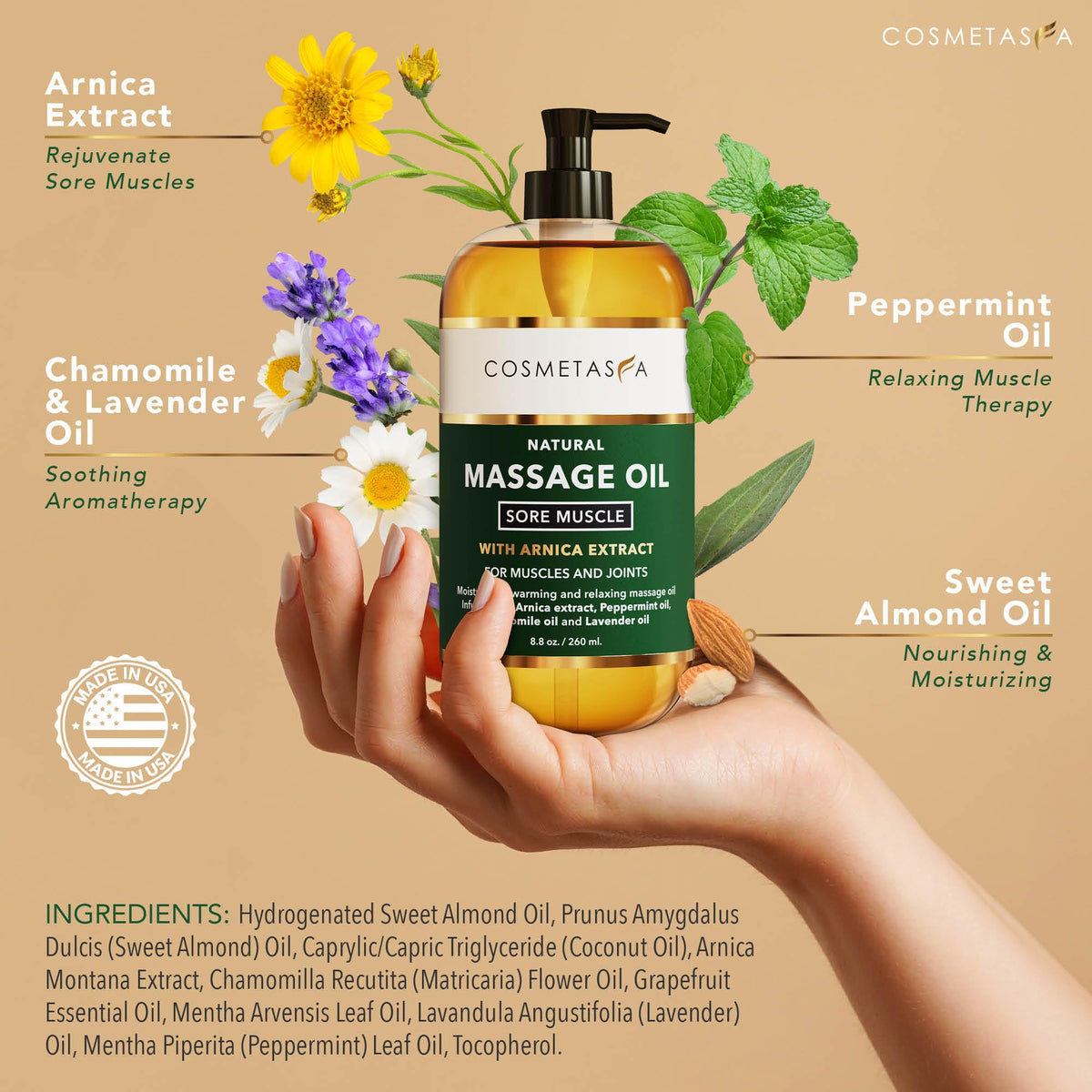 Cosmetasa Spa Gift Set for Women & Men - Relaxation Lavender Massage Oil, Citrus Coconut Oil, Arnica Sore Muscle Massage Oil with Hot Stones, Roller Ball and Thumb Saver Massage Tools