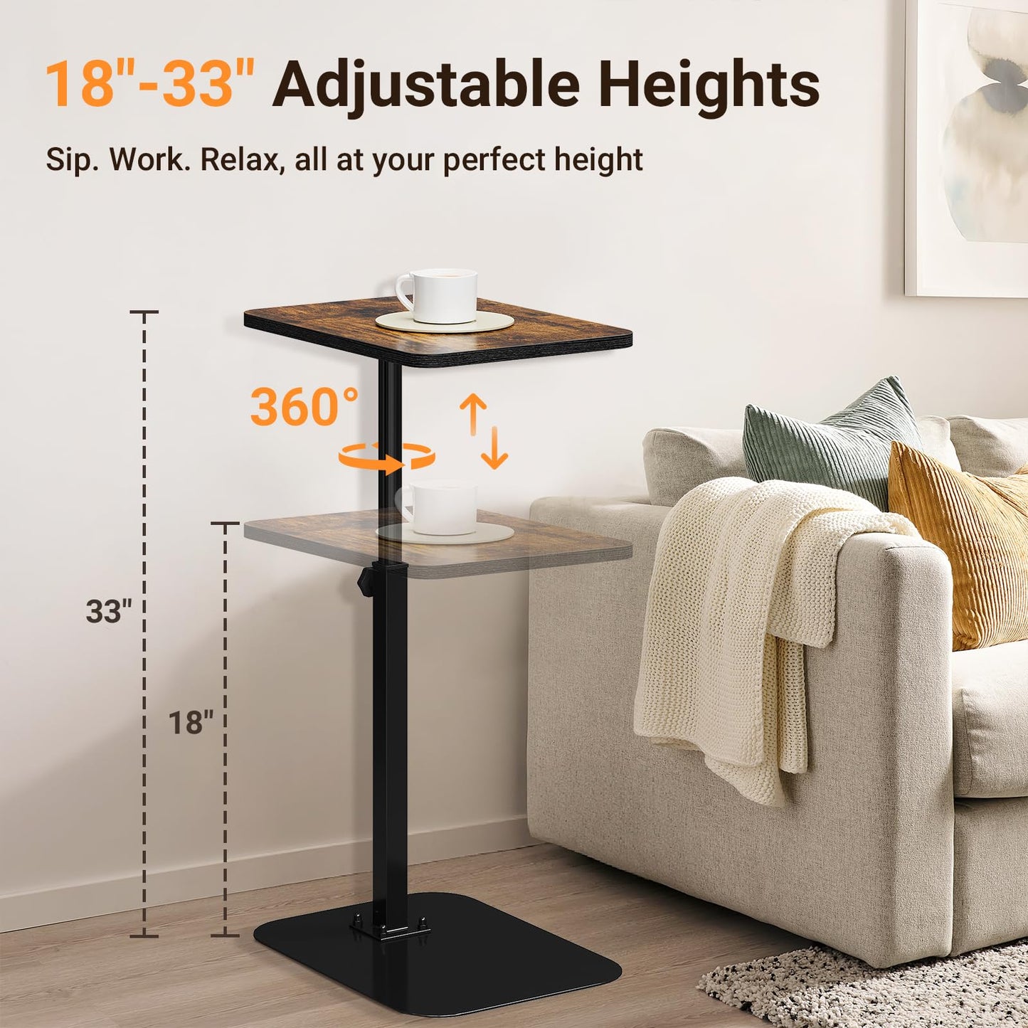 ELYKEN TV Tray Table, C-Shape Couch Desk, 360° Swivel Side Table Height Adjustable, Laptop Stand for Couch Recliner, Small Bedside Tables, Rustic Brown