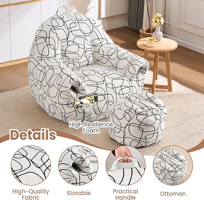 Peace nest Bean Bag Chair with Memory Foam Filled Ultra Soft Jacquard Pattern Cover for Adults Comfy Fur Bean Bag Chairs with Armrests Ottoman for Bedroom Living Room Office Dorm Reading Lines