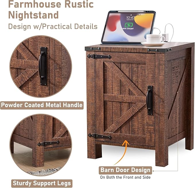 OKD Farmhouse Nightstand Set of 2 with Charging Station, 18 Inch Rustic End Table with Barn Door Cabinet, Adjustable Storage Shelf, Wood Sofa Side Table for Living Room, Bedroom, Reclaimed Barnwood