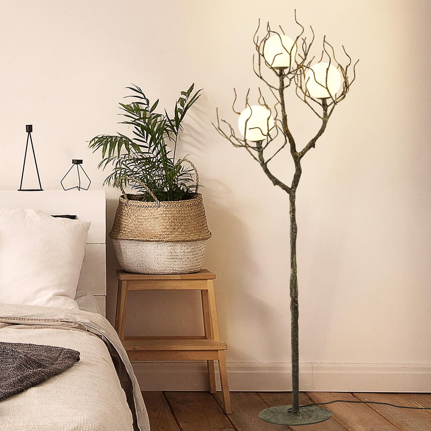 eccuslon Unique Floor Lamp for Living Room - Tree Trunk Design with 3 Moon Lights, Wood Grain Resin & Metal Base for Farmhouse, Bedroom and Office(63 Inch)