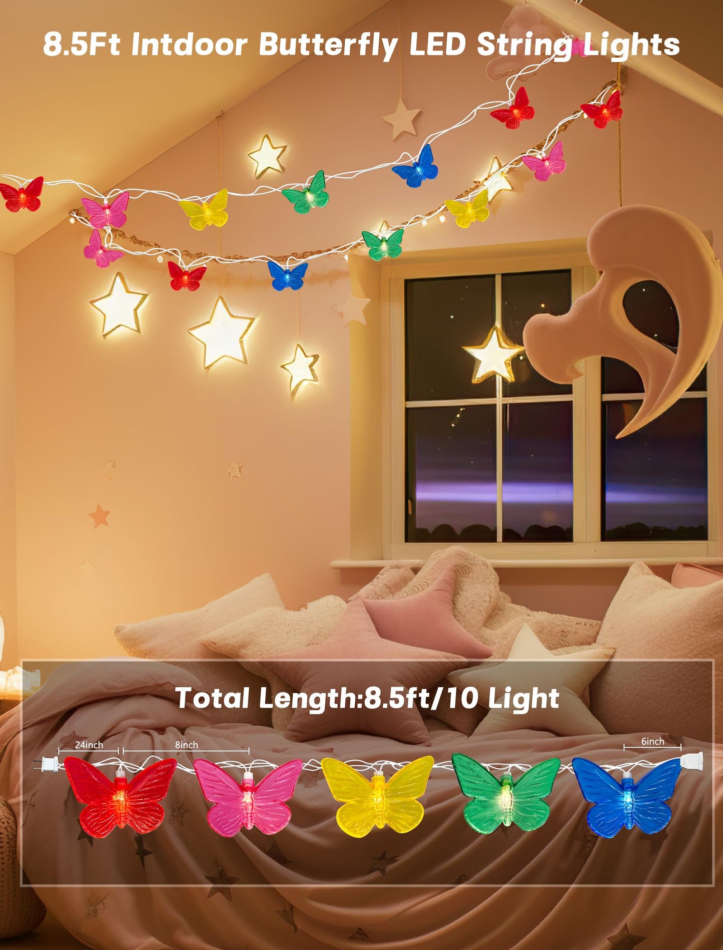 Pallerina Butterfly String Lights-8.5ft Butterfly Fairy Lights with 10 Led Light,Plug in Bedroom Curtain Lights for Indoor Tent Loft Bed Patio Party Wedding Wall Summer Holiday Garden Decor