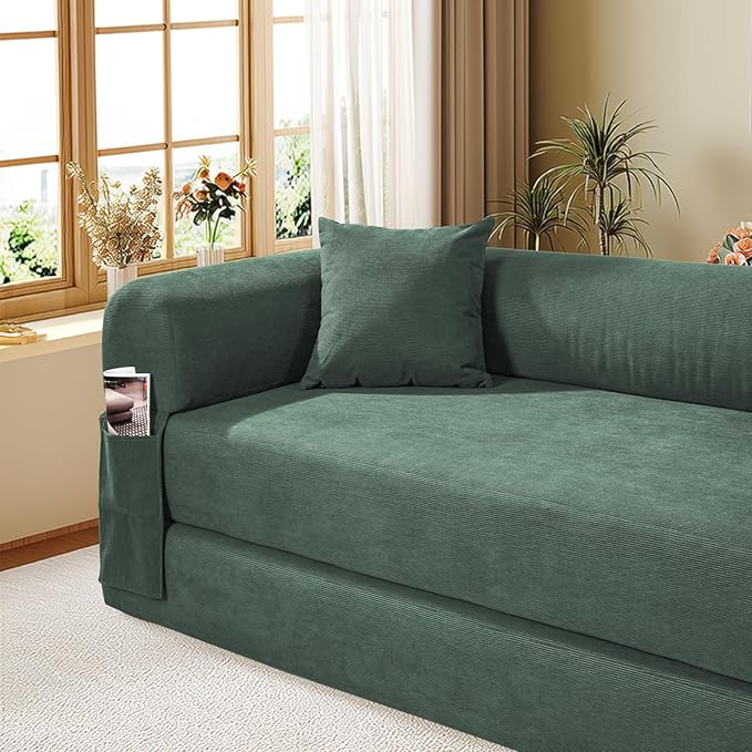 GJQ Convertible Futon Sofa Bed,80" Folding Pull Out Couch Bed with Storage,Queen Sleeper Sofa Bed,Compressed Couch in a Box,Corduroy Boneless Couches for Living Room,Light Green