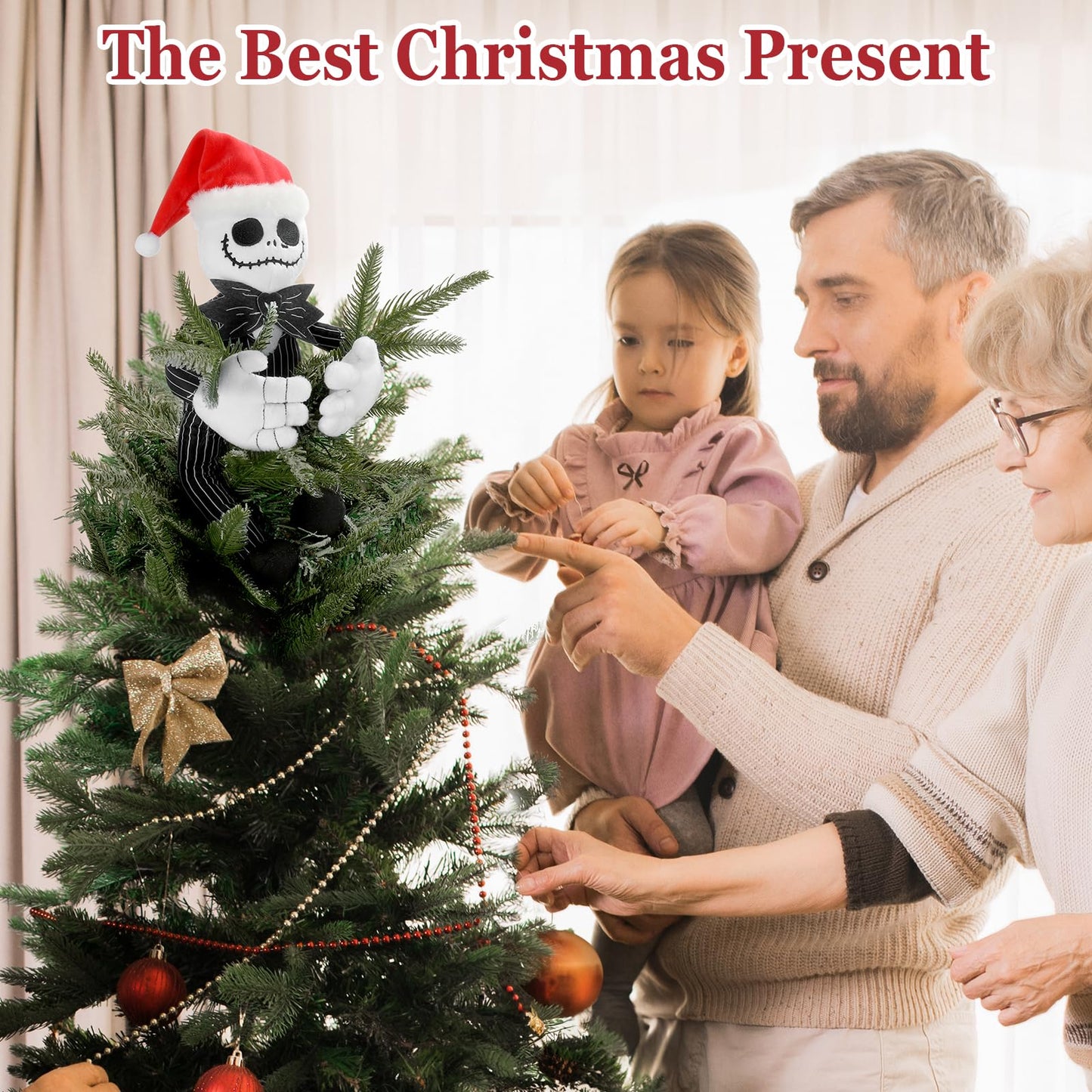 Tree Topper Decorations for Halloween and Christmas, Cute Plush Jack Huggers with Santa Hat, Poseable Handmade Tree Topper Party Decor