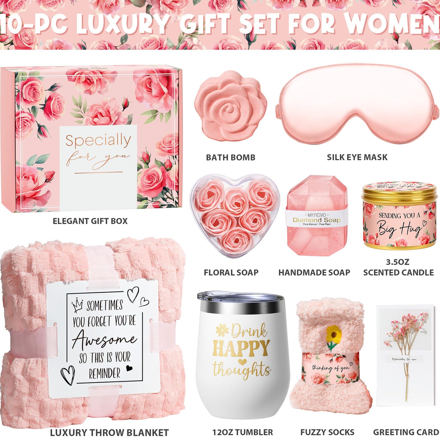 Birthday Gifts for Women Self Care Gifts, Rose Spa Gifts Baskets Bath Set Get Well Gifts Care Package Relaxation Valentines Day Gifts for Her Women Mom Sister Friend Wife Girlfriend Teacher w/ Blanket