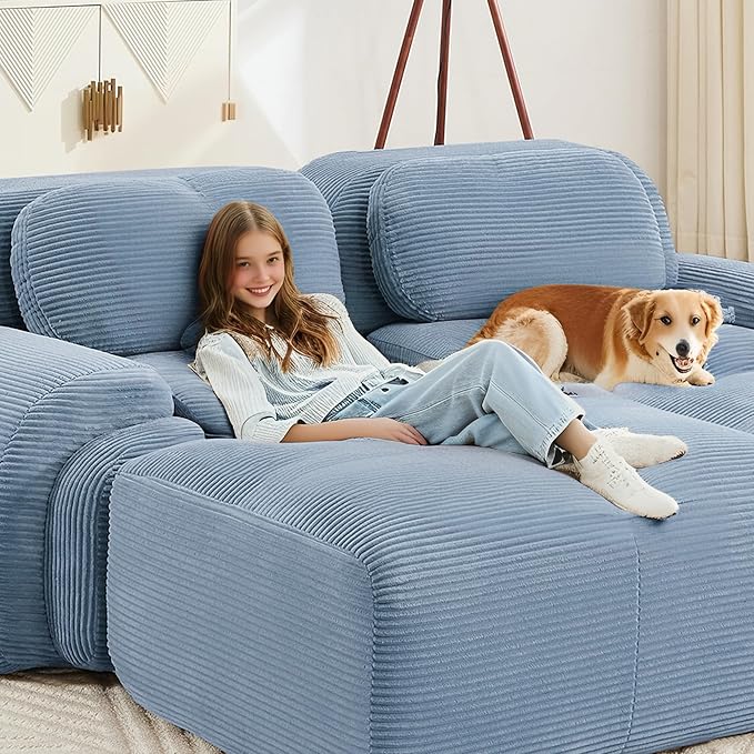 SoarFlash 81” Sectional Cloud Boneless Sofa Couches for Living Room-2 Seater L-Shaped Modern Lounge Couch-No Assembly Modular Corduroy Convertible Sponge Sleeper Sofas with Chaise for Home House,Blue