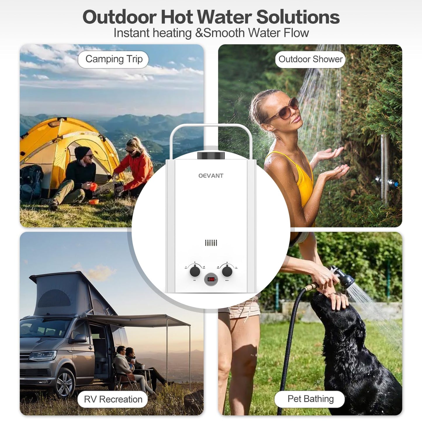 OEVANT Propane Water Heater, 1.58GPM 6L Portable Tankless Water Heater with Handle & Overheating Protection, Propane Gas, Instant Hot Water for RV Camping, Outdoor Shower (WHITE)