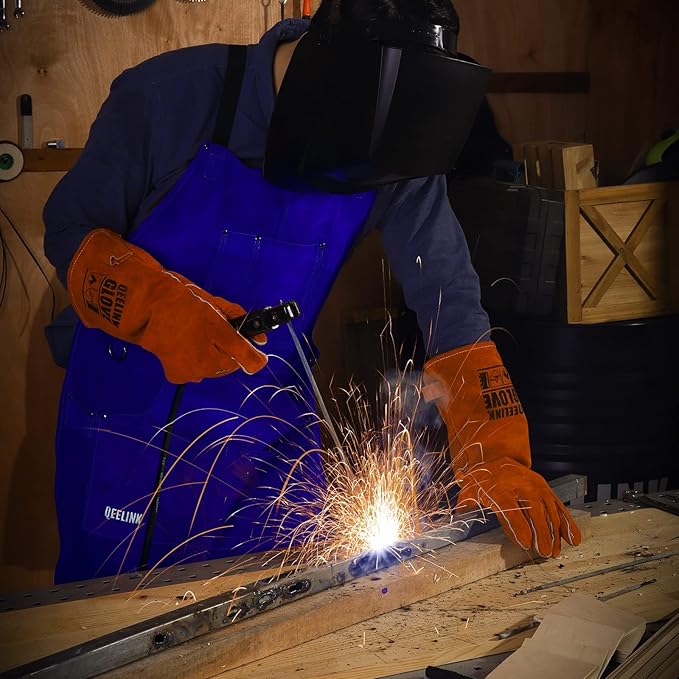 QeeLink Leather Welding Work Apron with 6 Tool Pockets, Heat & Flame Resistant Welder Aprons, 24" x 36", Adjustable M to XXXL