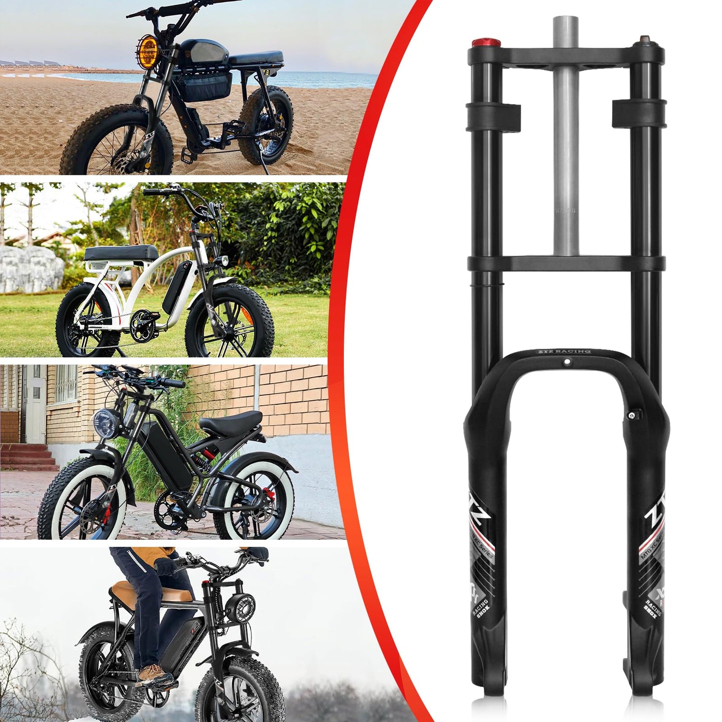 ZTZ 20 * 4.0 inch Fat Tire Oil Spring Suspension Fork - 180mm Travel, 135mm Spacing Hub, 9mm QR, Double Crown Shock Front Fork, Fit for Fat Snow Beach Ebikes