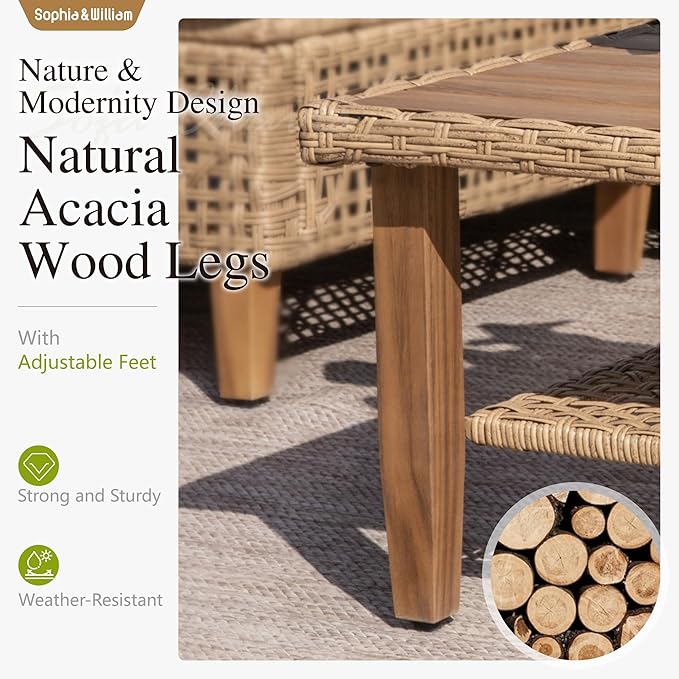 Sophia and William Boho Wicker Patio Furniture Set, Outdoor Rattan Sectional Sets Conversation Set - Weather-Resistant, with Dual Storage Coffee Table Acacia Wood Legs for Garden, Patio & Deck(Beige)