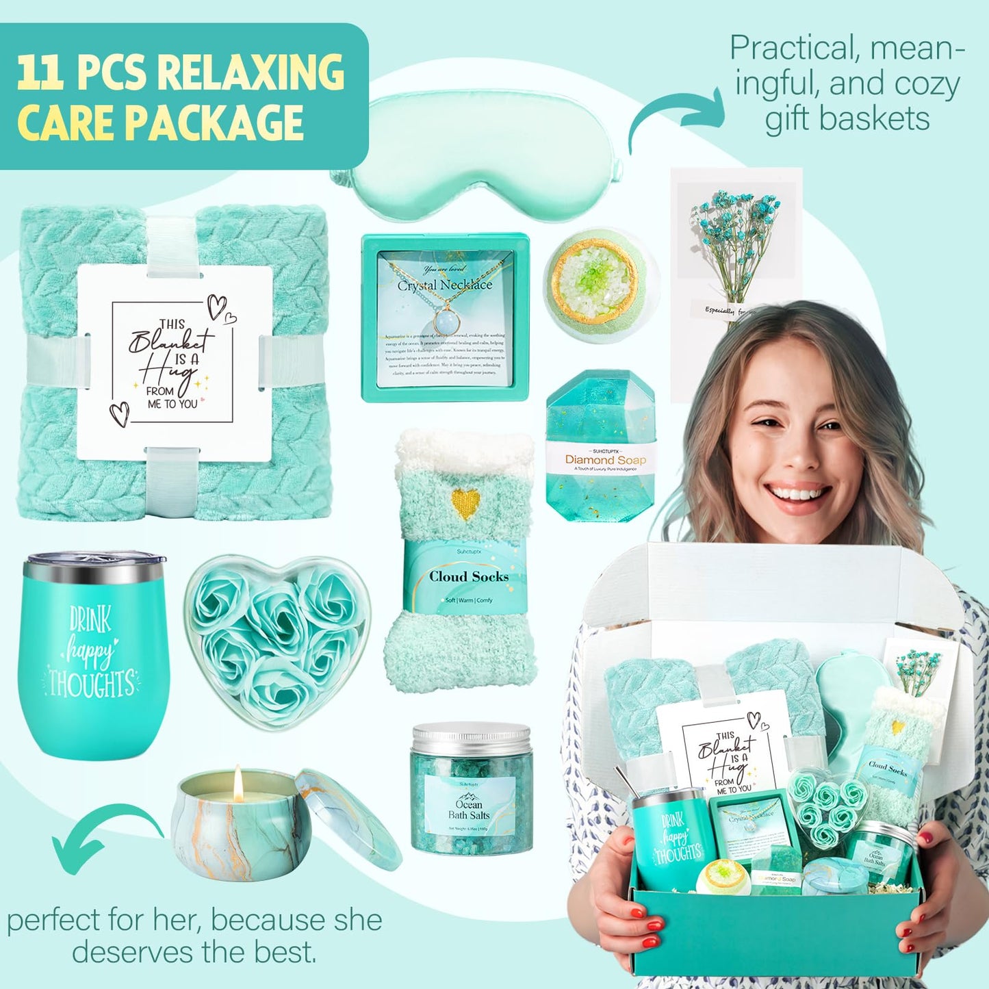 Birthday Gifts for Women, Self Care Gifts Christmas Box Get Well Soon Basket, Ocean Relaxing Spa Gifts Care Package w/ Flannel Blanket, Unique Mothers Day Gift Idea for Mom Her Friend Sister