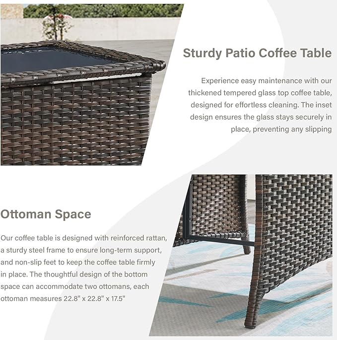 Belord 5 Piece Outdoor Patio Furniture Set - Outdoor Conversation Couch and Loveseat Glider Chair Furniture Set with Rattan Coffee Table for Deck Balcony Poolside Brown Wicker/Blue Cushions