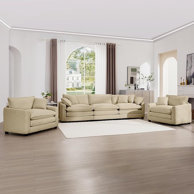 mikibama Luxury 3 Piece Sofa Set, 3-Seater & 2 Single Sofa Set, Modern Corduroy Comfy Cloud Couches Set for Living Room Office with 2 Armrest Pillows and 5 Toss Pillows, Camel