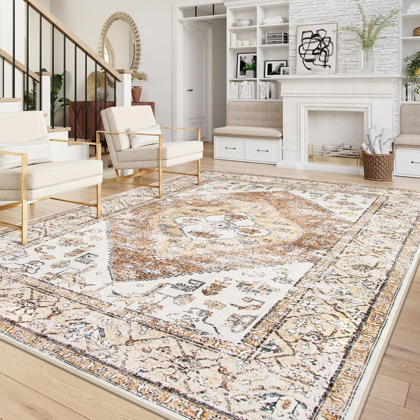 Lahome 9x12 Area Rugs for Living Room - Boho Non-Slip Washable Carpet Ultra-Thin Large Rug Lightweight Throw Foldable Dining Room Mat,Farmhouse Neutral Print Carpet for Bedroom Guest Room (Taupe)