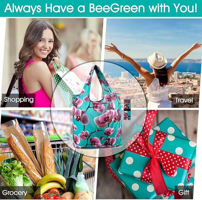 BeeGreen Floral Reusable Grocery Bags Bulk 6 Packs X-Large50LBS, Reusable Shopping Bags Foldable for Groceries, Vegetables, Fruits Bulk Tote Bags Washable For Women Men