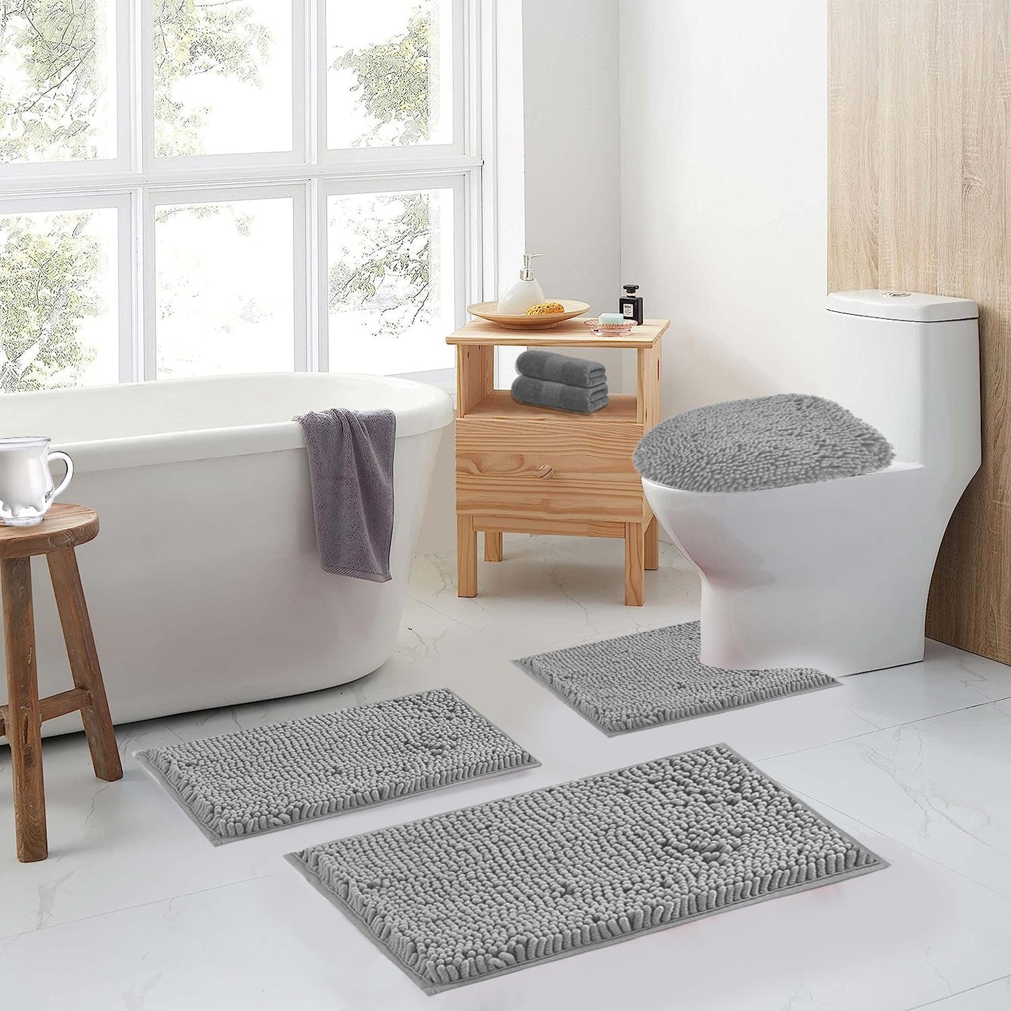 Bathroom Rugs Sets 4 Piece with Toilet Lid Cover, Non Slip Bathroom Mats Extra Soft Chenille Bath Rugs Absorbent Shaggy Rugs Perfect Plush Mats U-Shaped Toilet Rug and Toilet Cover Kitchen,Home Decor