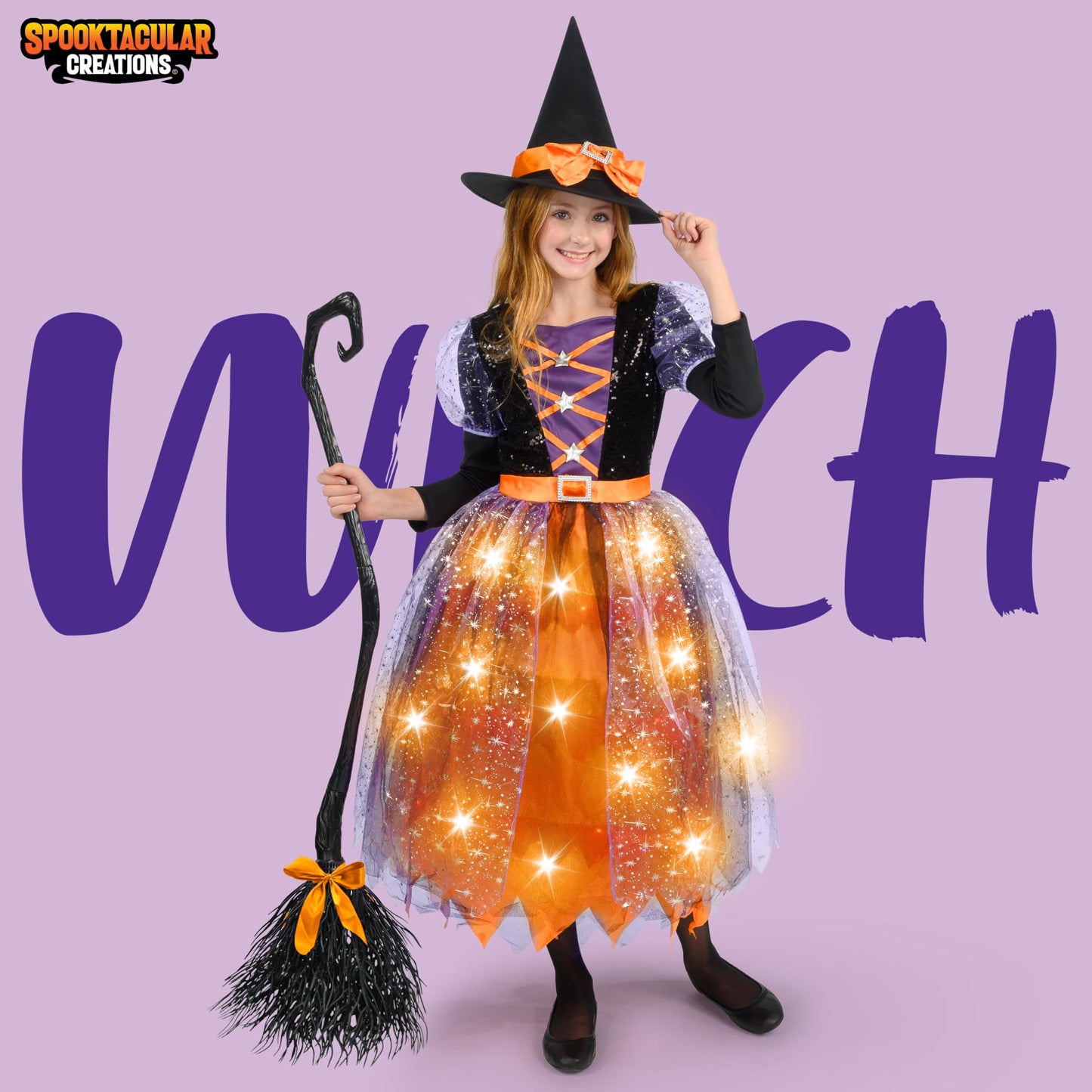 Spooktacular Creations Witch Costume Kids, Light Up Halloween Costumes Witch Dress with Hat and Broom for Girls, Sweet Wizard Set for Toddler Scary Halloween Themed Parties, Orange, M