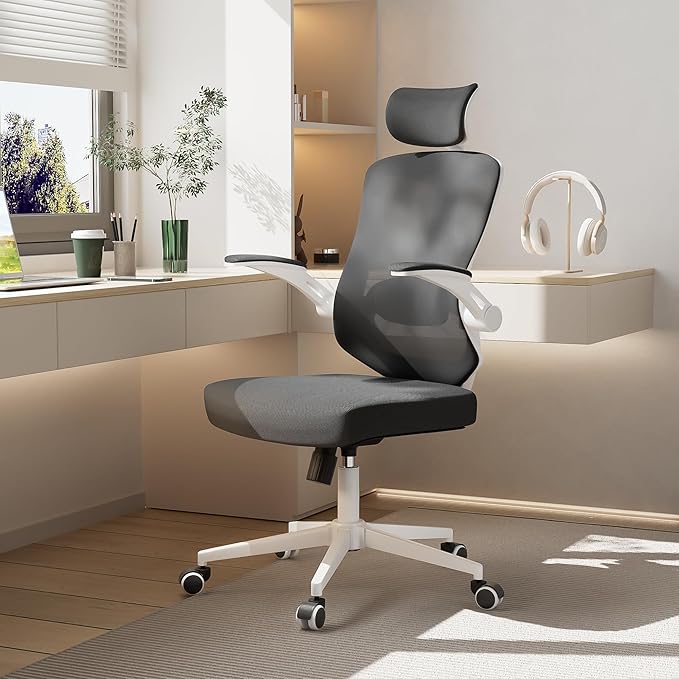 balmstar Office Chair,Ergonomic Comfy Home Desk Chair with 350LBS Capacity,High Back Gaming Chair with Wheels,Mesh Computer Chair,Lumbar Support, Adjustable Headrest,Flip-up Armrest (B-Black + White)