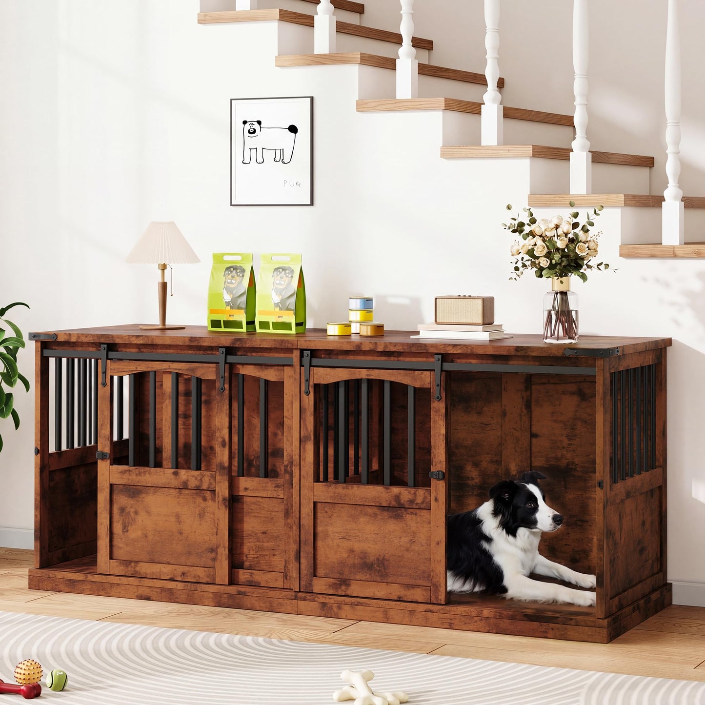 Homiflex Double Dog Crate Furniture with Barn Sliding Doors, 72" Large Dog Kennel Furniture Indoor with Divider for 2 Medium Large Dogs, Heavy Duty Wooden Dog Cage Decorative TV Stand, Brown