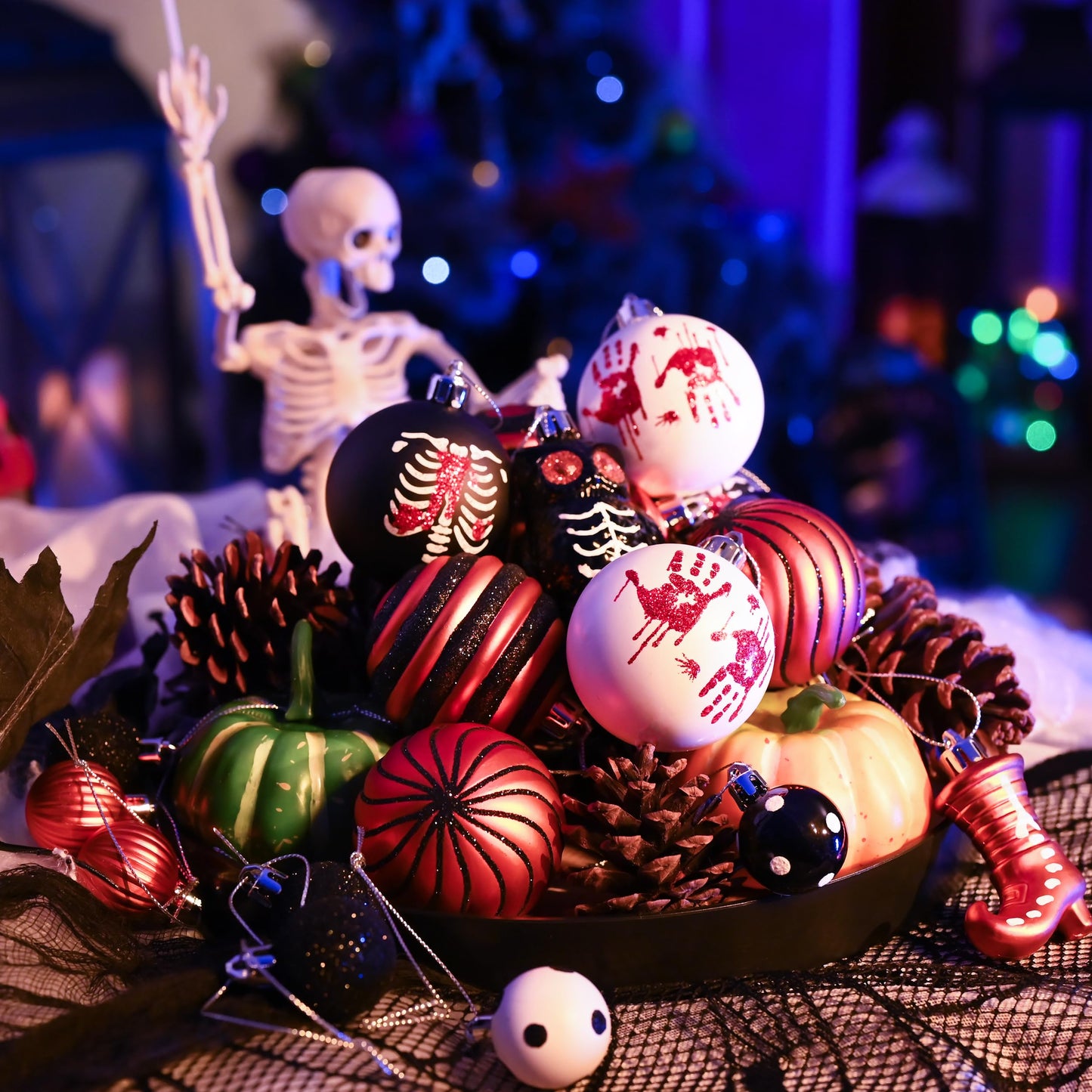 Valery Madelyn Halloween Ornaments Tree Decorations Indoor, 40ct Medium Variety Shatterproof Scary Skeletons Owl Bats Hanging Ball Ornaments Set for Small Tree, Spooky Holiday Party Home Decor