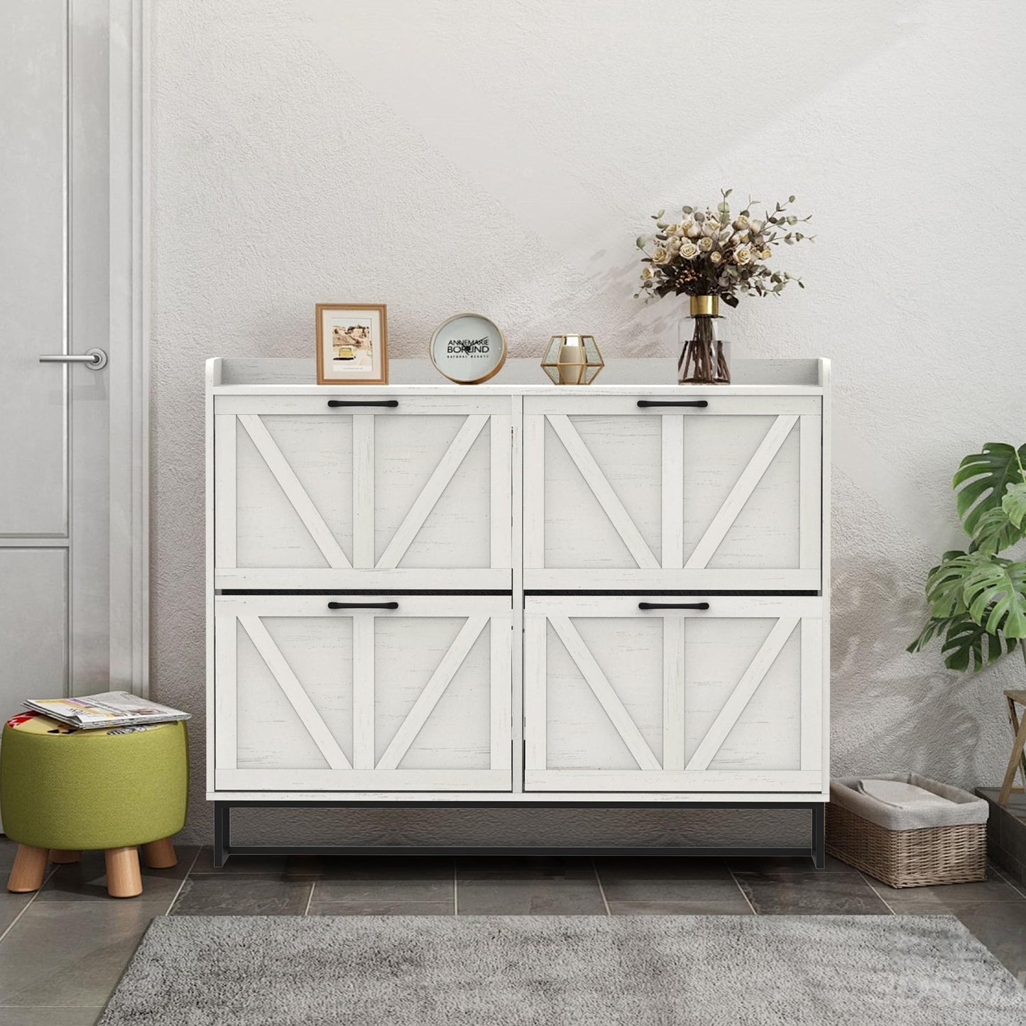 VINYUSE Shoe Cabinet with 4 Flip Drawers, Shoe Storage Cabinet for Entryway, Freestanding Hidden Shoe Cabinet Organizer with Open Storage, Narrow Shoe Rack with Metal Legs, Oak White