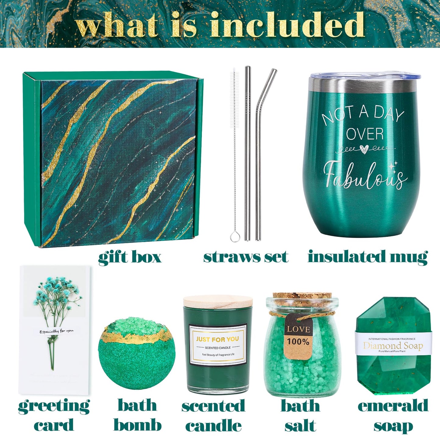 Green Gifts for Women, Emerald Gift Basket for Mom from Daughter Son, Luxury Relaxing Spa Self Care Box, Unique Birthday Christmas Valentines Mothers Day