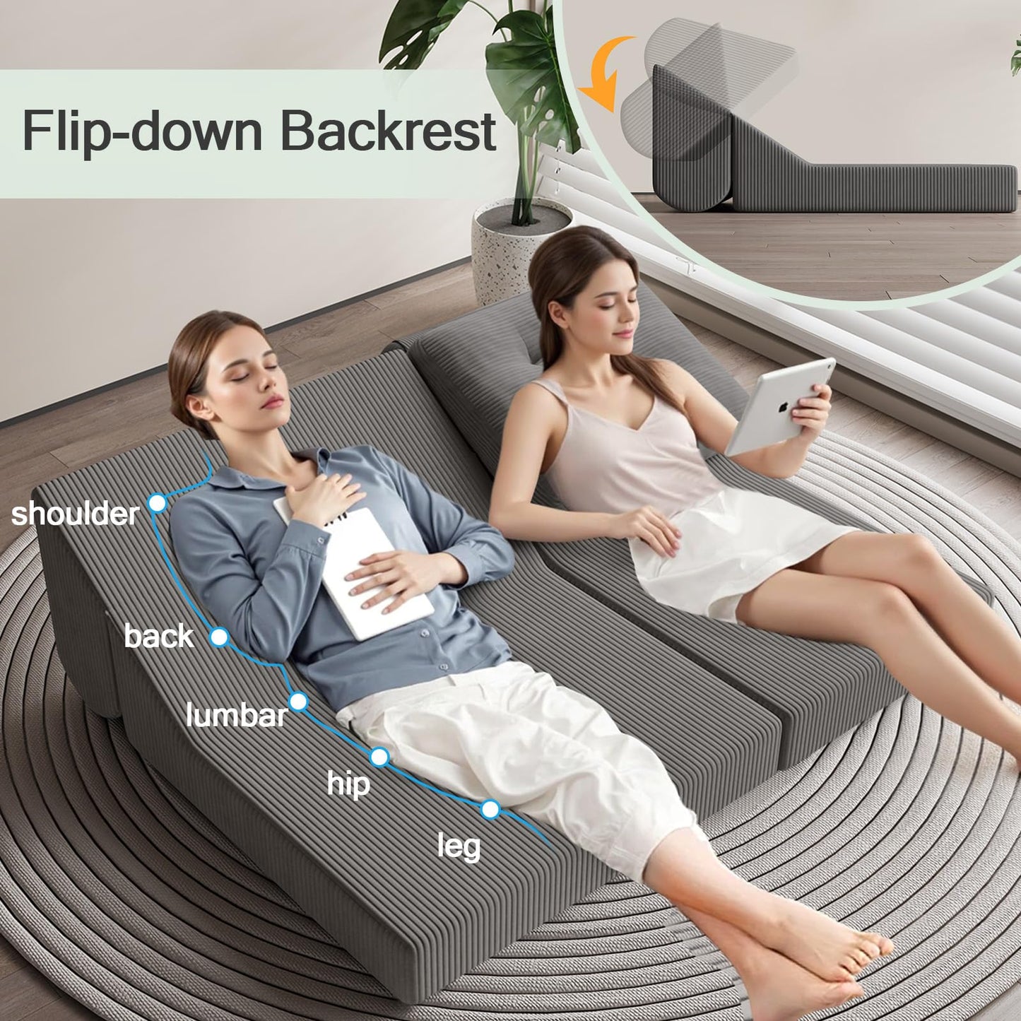 COMAX Folding Sofa Bed, 8-in-1 Foldable Floor Couch Corduroy Convertible Futon Sofa, Fold Out Chair Bed Sleeper Mattress Comfy Portable Lounge Loveseat Guest for Living Room Bedroom, Dark Grey