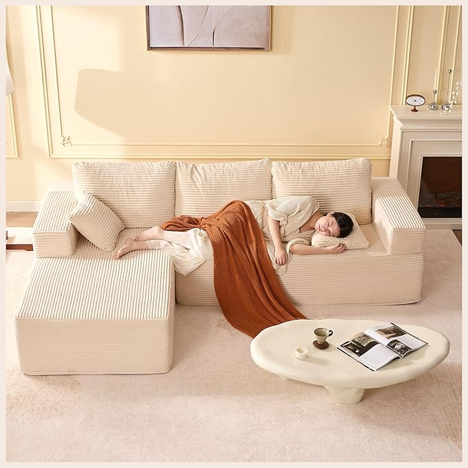 Afuson 107" Boneless Couch with Deep Seat, Modular Sectional Sofa, Cloud Sectional Couch for Living Room, No Assembly Required, Corduroy, L-Shape Left, White
