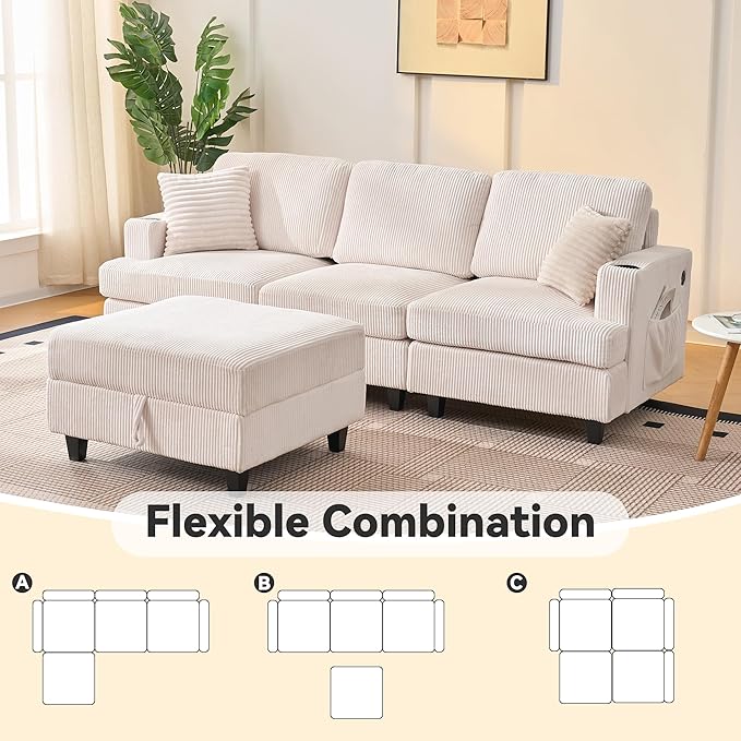 90" L Shaped Modular Sectional Sleeper Sofa, Soft Corduroy Sectional with Armrests, 2 Cup Holders & 2 USB Ports, 21" Deep Seat Cloud Couch for Living Room, Bedroom Office (White, 3 Seat + 1 Ottoman)