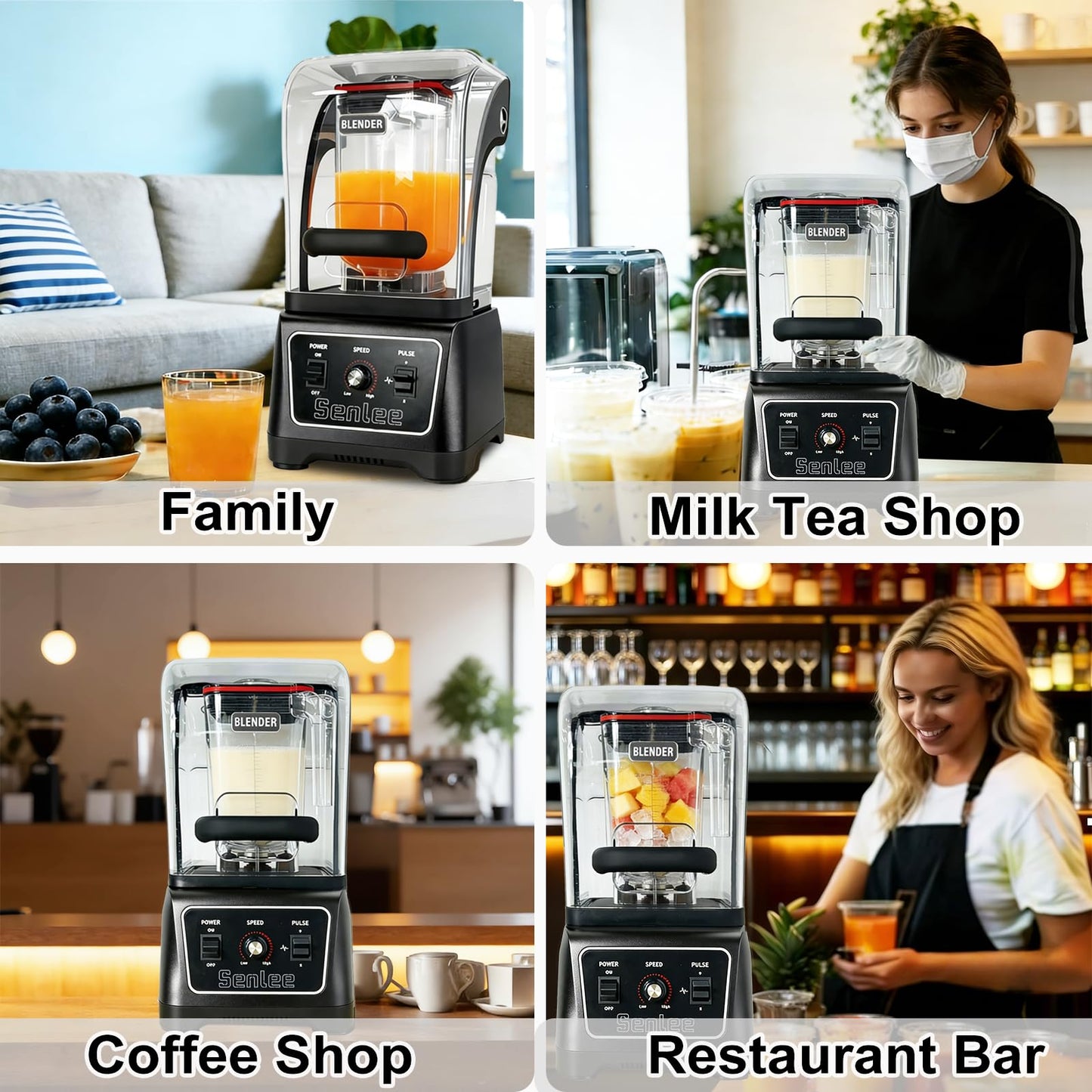 Commercial Blender Heavy Duty 2200W Professional-Grade with 64oz BPA-Free Jar, Quiet Shield, Self-Cleaning, 6-Leaf Stainless Steel Blade for Smoothies, Ice Crush, Shakes - Restaurant & Kitchen Use