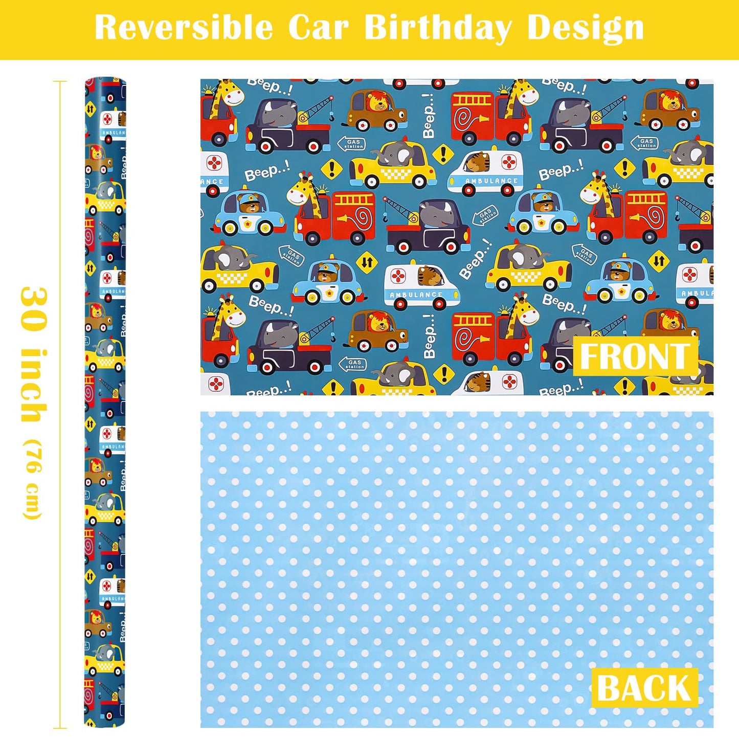 WRAPAHOLIC 30 Inch Jumbo Reversible Car Wrapping Paper - 30 Inch x 33 Feet - Adorable Police Car Fire Trucks Animal Wrapping Paper for Kids Boys Birthday, Baby Shower