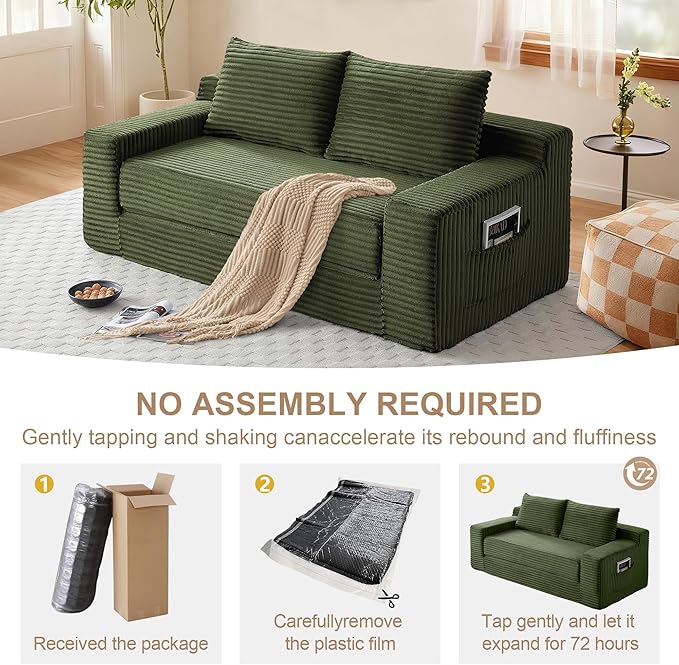 73" Convertible Sofa Bed, 2 in 1 Folding Couch Bed, Boneless Couch in a Box, Cloud Loveseat Sleeper, Fold Out Comfy Floor Futon Sofa with 2 Pillows for Living Room Bedroom, No Assembly (Green, 73")