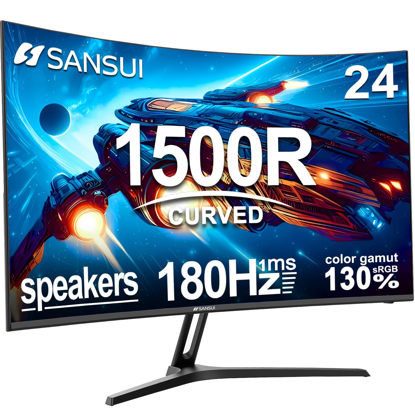 SANSUI 24 Inch Curved Gaming Monitor up to 180Hz MPRT 1ms with Built-in Speakers,FHD 1080P Computer Monitor Freesync 130% sRGB H