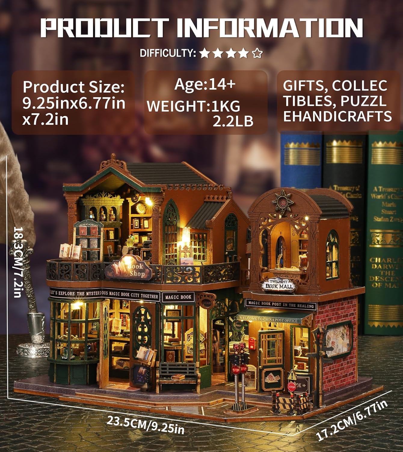 DIY Dollhouse Miniature House Kit,DIY Kit Mini House Model Comes with dust Cover and Music Box, Best Christmas Birthday Gift for Lovers Boys and Girlsļ¼Twilight Book City