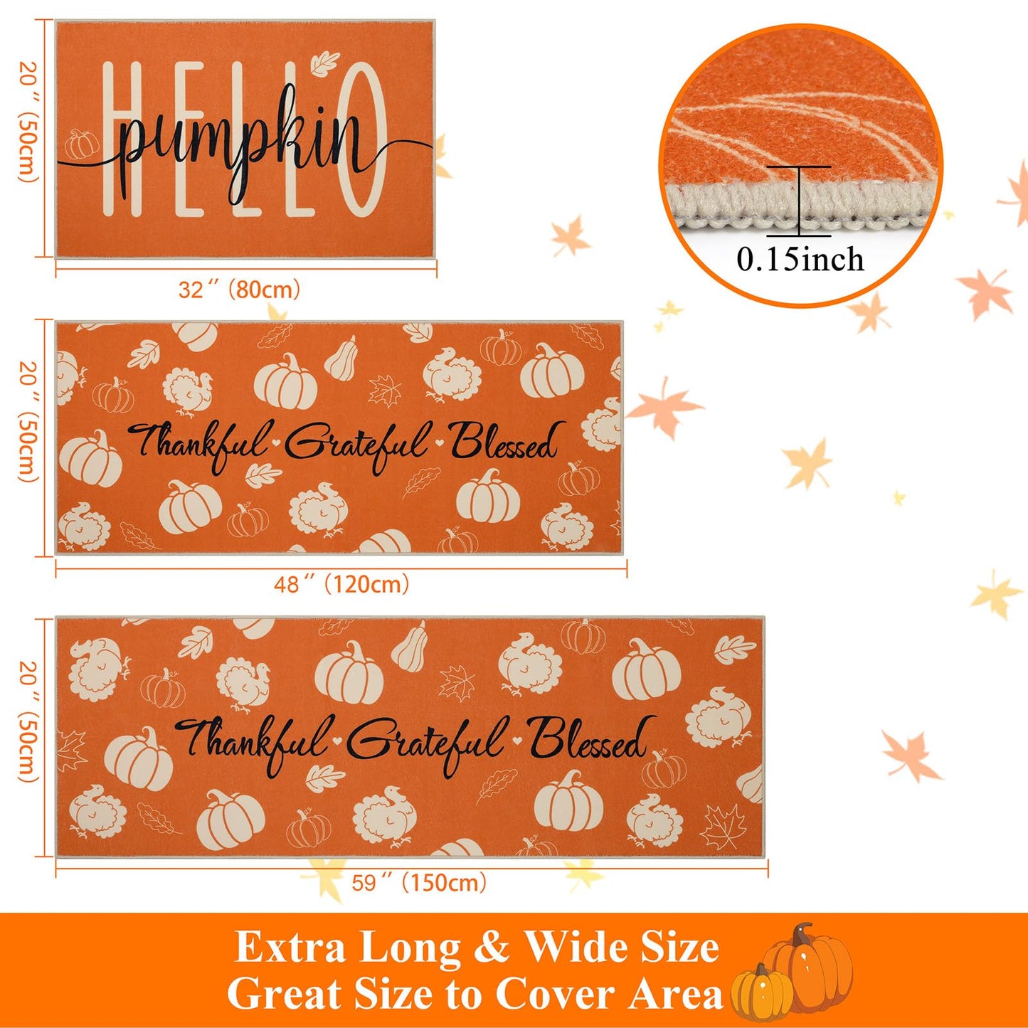 Ileading Fall Kitchen Rugs Set of 3, Washable Kitchen Mats for Floor, Non Slip Thanksgiving Kitchen Rugs and Mats Decor, Autumn Harvest Hello Pumpkin Floor Carpet for Kitchen Hallway Laundry Room