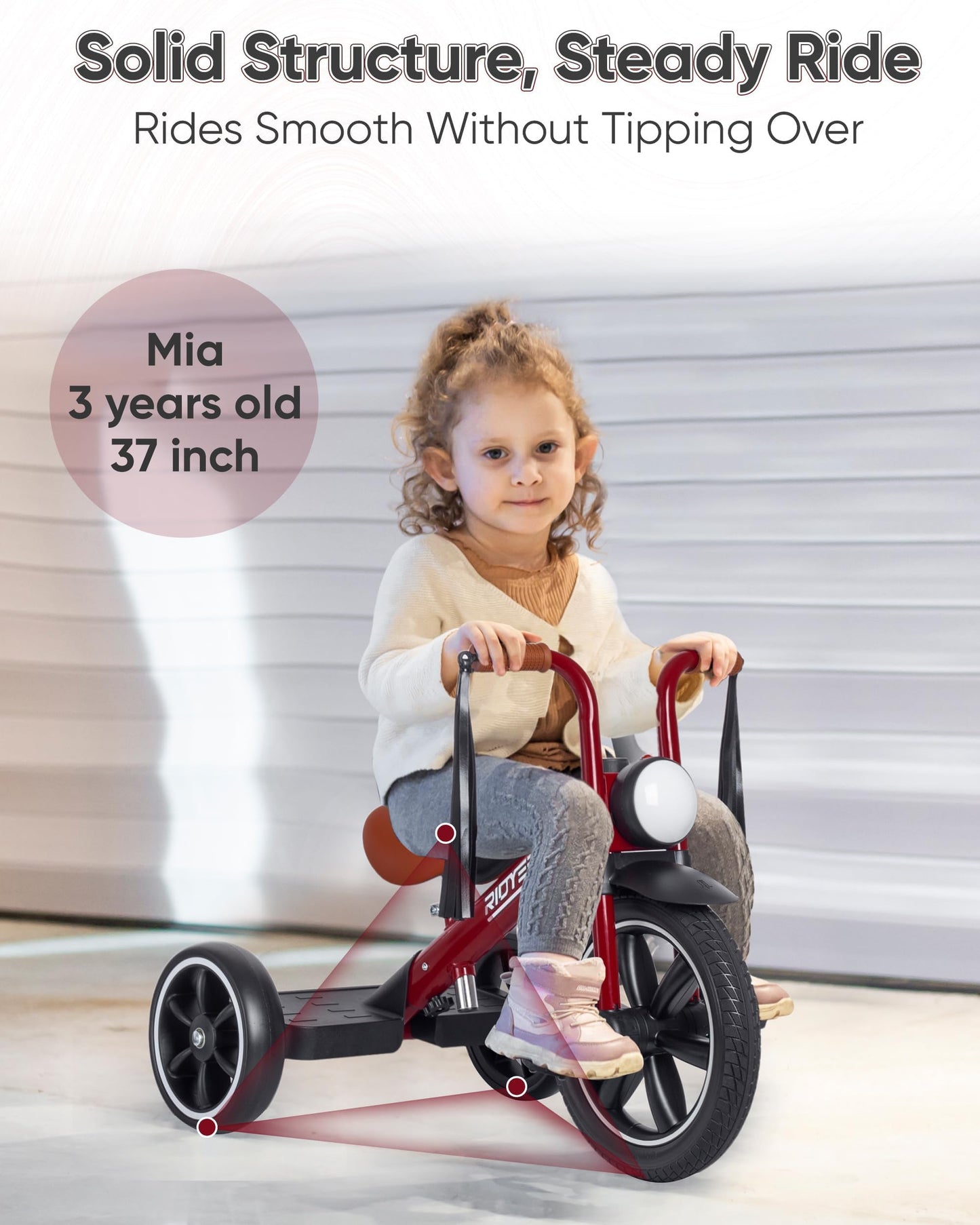 RIDYEE Toddler Tricycle for 2 to 5 Years, Tricycle for 3 Years with Front Light, Rubber Front Wheel, Soft Handlebar with Streamers, Adjustable Seat, Red
