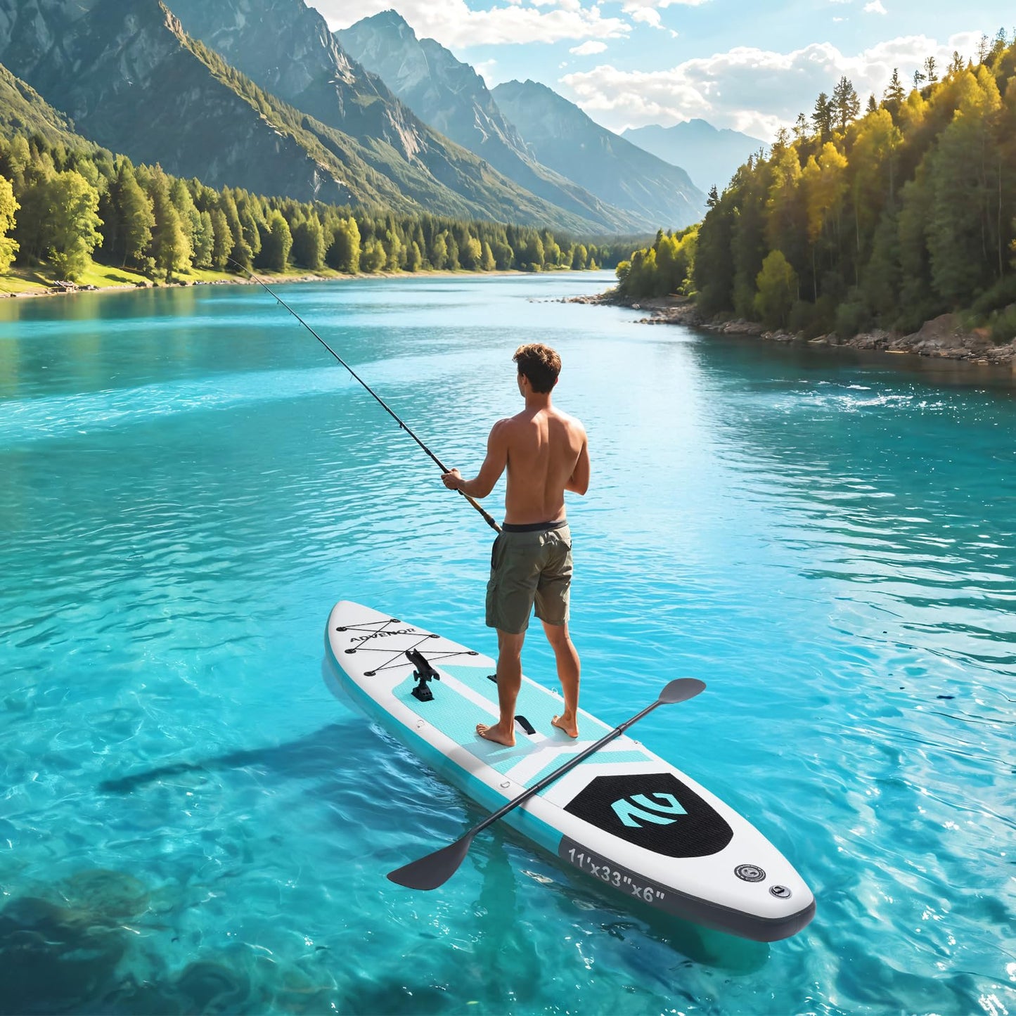 ADVENOR Paddle Board 11'x33 x6 Extra Wide Inflatable Stand Up Paddle Board for Fishing with Rod Holder, Fishing Mounts on 2 Sides, Kayak Seat, Double Blade Paddle,Backpack,Leash,and Hand Pump