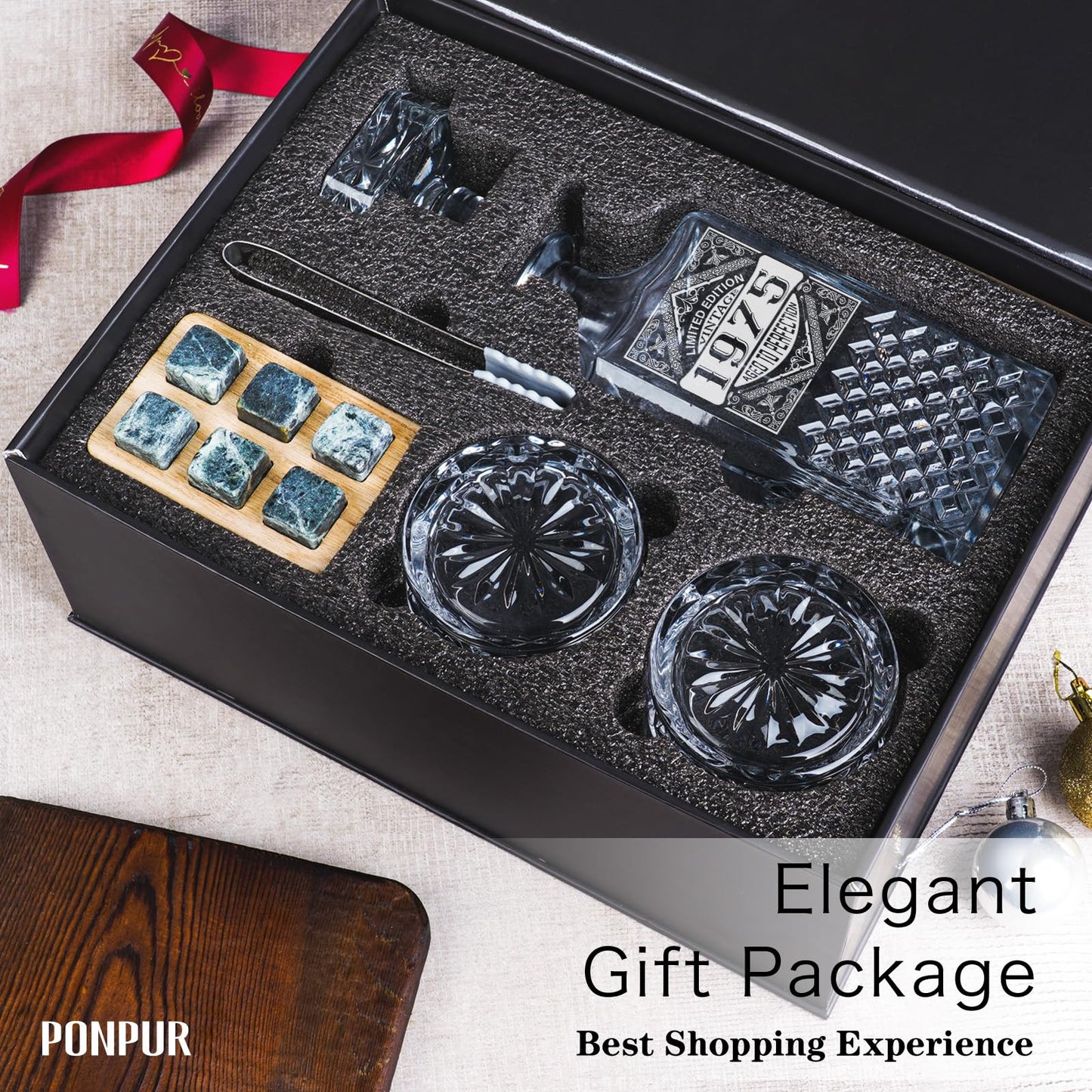 PONPUR 50th Birthday Gifts For Men Dad, 1975 Laser Whiskey Decanter Set with Gift Box, Anniversary Birthday Gift Ideas for Him Husband, 50 Years Bday Decorations, Whiskey Glasses & Whisky Stones Inc.